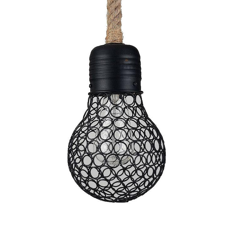 Závesné lanové svietidlo s čiernou klietkou v tvare žiarovky, 15cm. Objavte prírodné prvky a námornú atmosféru s týmto nádherným lanovým svietidlom
