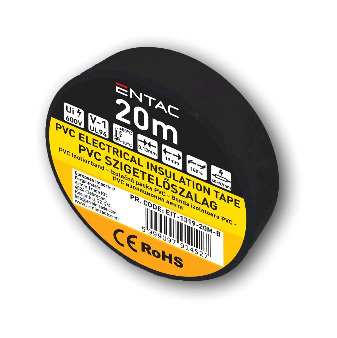 Profesionálna elektroizolačná páska PVC, Entac, 0,13x19 mm, čierna farba, balenie 20m