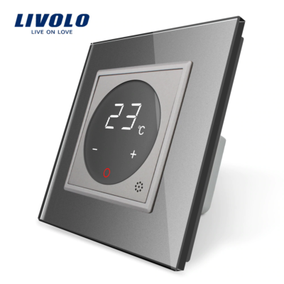 Dotykový digitálny termostat s možnosťou ovládania elektrických vykurovacích okruhov v striebornej farbe