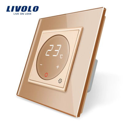 Dotykový digitálny termostat s možnosťou ovládania elektrických vykurovacích okruhov v zlatej farbe