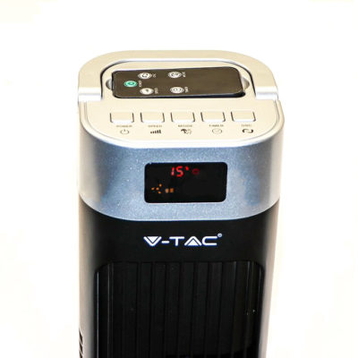 Elegantný stĺpový ventilátor V-TAC s ukazovateľom teploty a ďialkovým ovládaním, 120cm, 55W, Čierna farba.