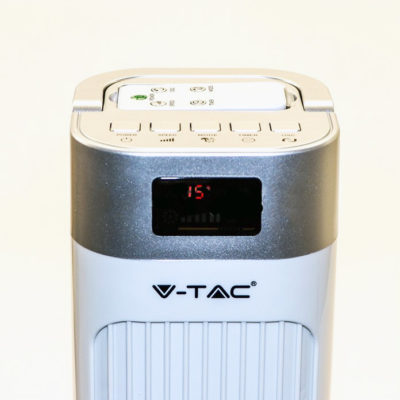Elegantný stĺpový ventilátor V-TAC s ukazovateľom teploty a ďialkovým ovládaním, 90cm, 55W, Biela farba..