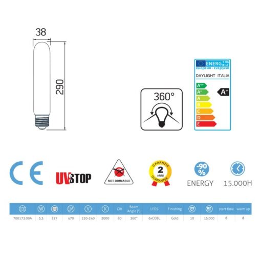 FILAMENT žiarovka - Tube - E27, 5.5W, 470lm, Teplá biela | Daylight Italia - Image 2