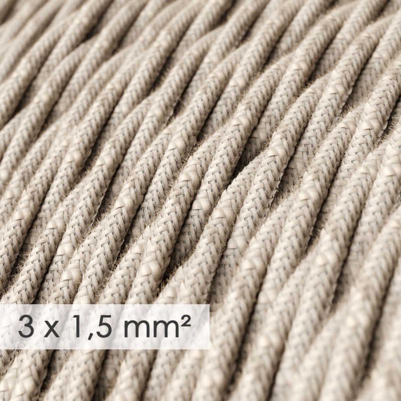 Textilný kábel so širokým priemerom 3x1,50 skrútený s neutrálnym vzorom, ľan, 1 meter.