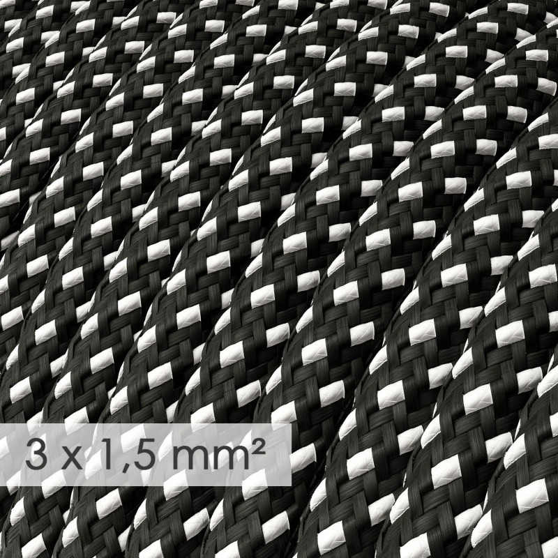 Textilný kábel so širokým priemerom 3x1,50 so vzorom 3D Nero:Bianco, umelý hodváb, 1 meter.