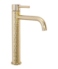 Vysoká vodovodná umývadlová batéria s dekoračným povrchom v zlatej farbe