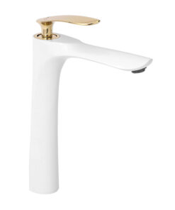 Vysoká dizajnová umývadlová batéria v bielej farbe so zlatým madlom