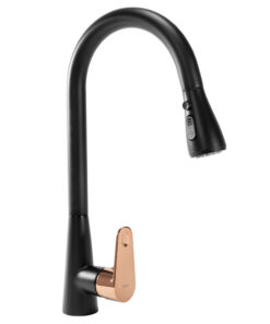 Drezová batéria s vyťahovacou spŕškou v čierno-ružovo zlatej farbe