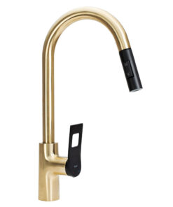 Kuchynská batéria s vyťahovacou spŕškou v brúsenej zlatej farbe