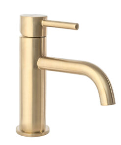 Nízka umývadlová batéria s ohnutým výtokom v brúsenej zlatej farbe