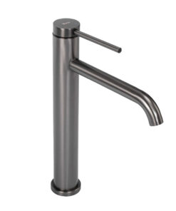 Umývadlová vysoká batéria s mierne ohnutým výtokom v titánovej farbe