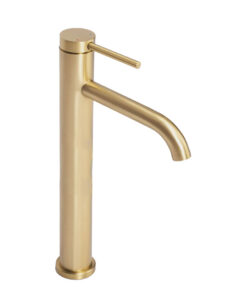Umývadlová vysoká batéria s mierne ohnutým výtokom v brúsenej zlatej farbe
