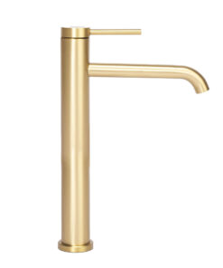 Alternative view of Umývadlová vysoká batéria s mierne ohnutým výtokom v brúsenej zlatej farbe