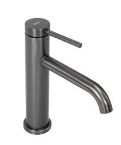 Umývadlová nízka batéria s mierne ohnutým výtokom v titánovej farbe