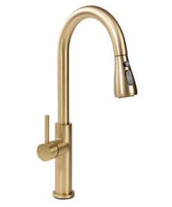 Vysoká drezová batéria s vyťahovacou spŕškou v brúsenej zlatej farbe