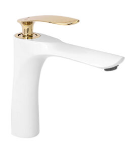 Nízka dizajnová umývadlová batéria v bielej farbe so zlatým madlom