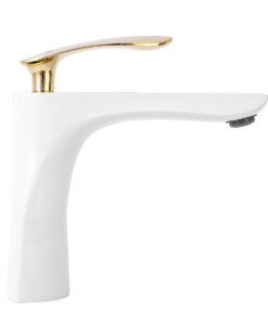 Alternative view of Nízka dizajnová umývadlová batéria v bielej farbe so zlatým madlom