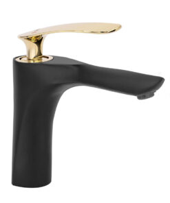 Nízka dizajnová umývadlová batéria v čiernej farbe so zlatým madlom