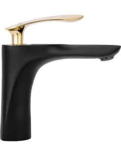 Alternative view of Nízka dizajnová umývadlová batéria v čiernej farbe so zlatým madlom