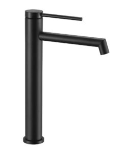 Vysoká umývadlová batéria so zahnutým výtokom v čiernej farbe