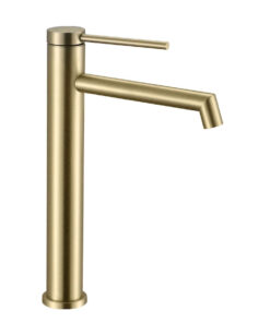 Vysoká umývadlová batéria so zahnutým výtokom v brúsenej zlatej farbe