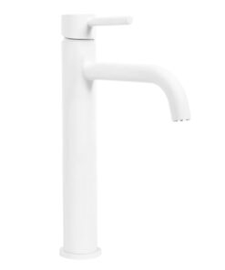 Vysoká umývadlová vodovodná batéria s dlhým mierne ohnutým výtokom, biela