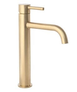 Vysoká umývadlová vodovodná batéria s dlhým mierne ohnutým výtokom, brúsená zlatá