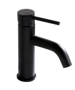 Nízka umývadlová batéria s ohnutým výtokom v čiernej farbe