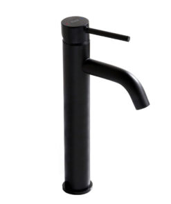 Vysoká umývadlová vodovodná batéria s dlhým mierne ohnutým výtokom, čierna