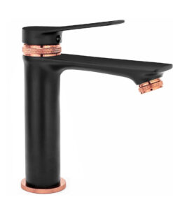 Nízka umývadlová vodovodná batéria v modernom štýle, čierna + ružovo zlatá