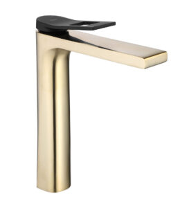 Štýlová vysoká umývadlová batéria v brúsenej zlatej farbe s čiernym madlom