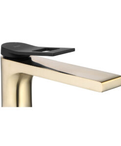 Alternative view of Štýlová vysoká umývadlová batéria v brúsenej zlatej farbe s čiernym madlom