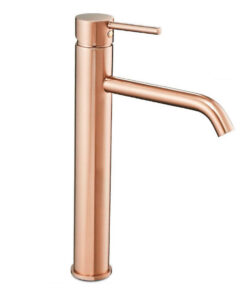 Vysoká umývadlová vodovodná batéria s dlhým mierne ohnutým výtokom, ružovo zlatá
