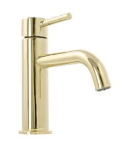 Nízka umývadlová batéria s ohnutým výtokom v zlatej farbe