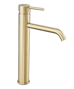 Vysoká umývadlová vodovodná batéria s dlhým mierne ohnutým výtokom, zlatá