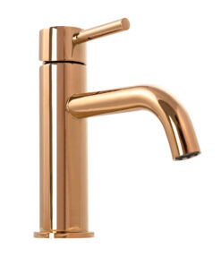 Nízka umývadlová batéria s ohnutým výtokom v ružovo zlatej farbe